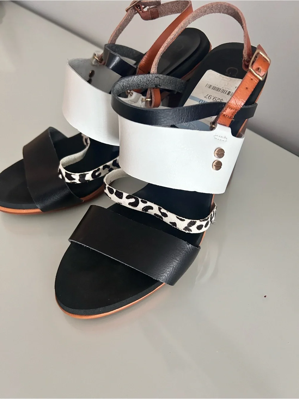 Chic Women's Mixed-Color Block Heel Sandals - White, Black & Brown